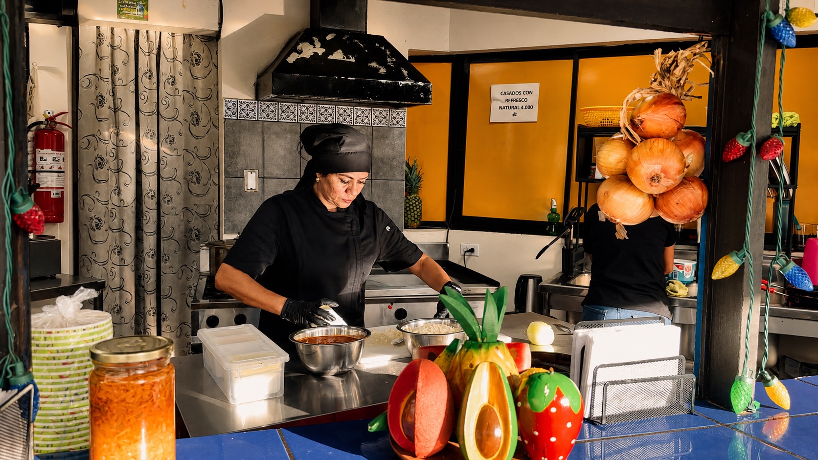 Chef de Ventanita Tex Mex preparando un pedido en la cocina de Escazú